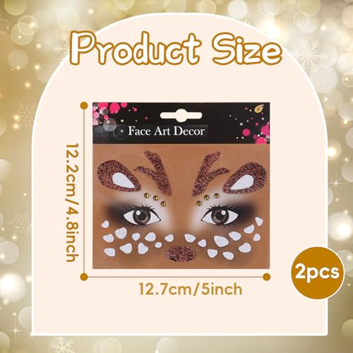 Christmas Reindeer Face Tattoos Glitter Temporary Tattoo Cute Deer Fake Tattoos Eyes Face Gems Stickers for Women Girls Christmas Halloween Holiday Party Supplies 2Pcs