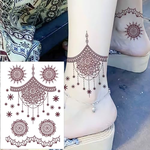 12 Sheets Brown Henna Tattoo Kit, Waterproof Tattoo Stickers for Women Wedding Party Body Art Stickers