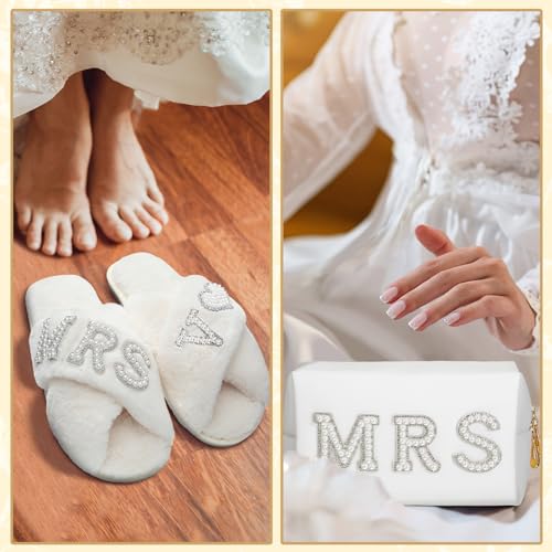 Xtinmee Personalized Initial Wedding Bride Slippers MRS Pearl Letter Makeup Bag Bridal Shower Gifts for Wedding Day (V)