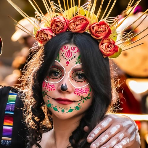Ceiba Tree Day of Dead Glitter Tattoos 6 Sheets Halloween Temporary Sugar Skull Face Tattoos Floral Skeleton Full Face Mask Stickers for Women Adult Halloween Party Favor Supplies Decorations