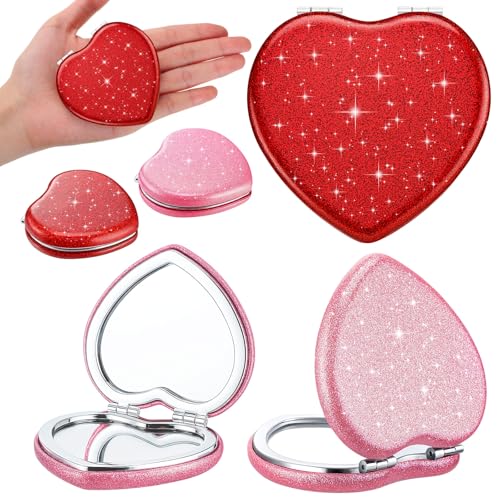 10 Pcs Red and Pink Heart Shaped Compact Mirror 1x/2x Magnifying Double-Sided Pocket Mirror for Purse, Cute Glitter Travel Makeup Mirrors Valentine's Day Gifts for Her, Travel Essentials