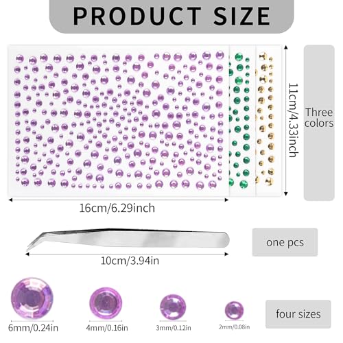 Mardi Gras Face Gems Self-Adhesive Face Jewels Stickers for Makeup, Green Purple Gold Festival Glitter for Mardi Gras Rave Accessories Hair Gems, Rhinestone Stickers for Face, Eye, Makeup, Body