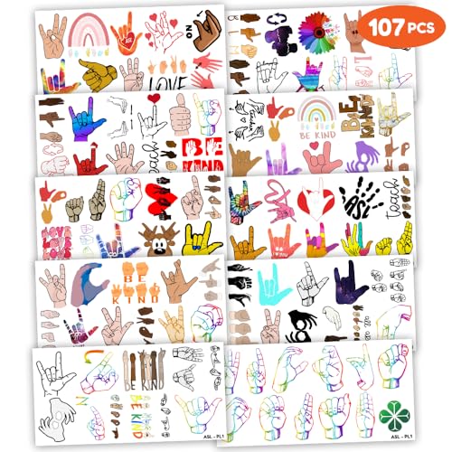 107 PCS ASL Temporary Tattoos Themed Birthday Party Decorations Favors Supplies D?cor Funny American Sign Language Colorful Tattoo Stickers Gifts for Game Boys Girls Classroom School Prizes Reward