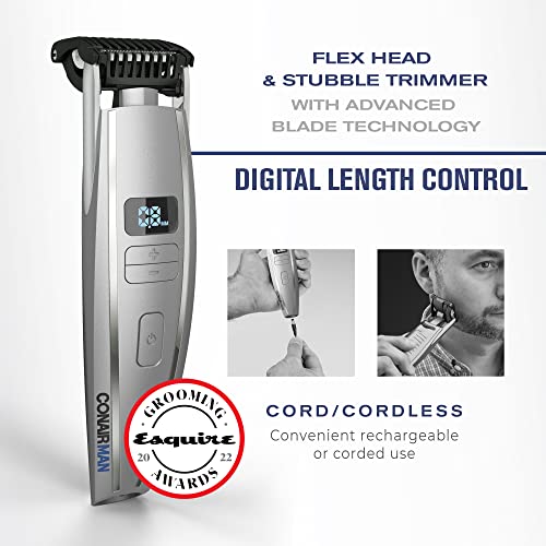 ConairMAN Beard Trimmer for Men, for Face and Mustache, Wet/Dry Beard and Stubble Trimmer, Flex Contouring Head with 15 Precise Settings and Premium