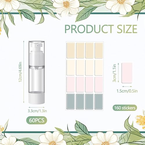 60 Pcs Clear Airless Pump Bottles 1oz/30ml Refillable Cosmetic Travel Size Dispenser Vacuum Plastic Travel Bottles Empty Lotion Pump Dispenser Liquid Toiletry Container with Labels