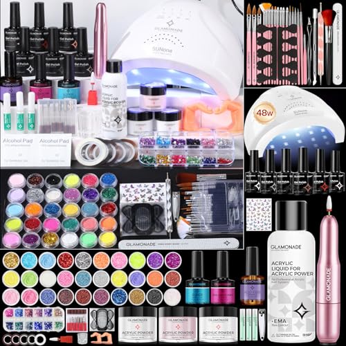 Acrylic Nail Kit with Everything: 0 Experience Required Complete Beginner Acrylic Nail Starter Kit with 48W Nail Lamp & Drill for Home DIY Manicure