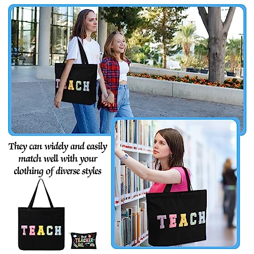 Silkfly 2 Pcs Teacher Appreciation Gifts Teacher Tote Bags Set Pouch Cosmetic Bag for Women Retirement Chenille Letter Patches Work Bag with Zipper Pocket Makeup