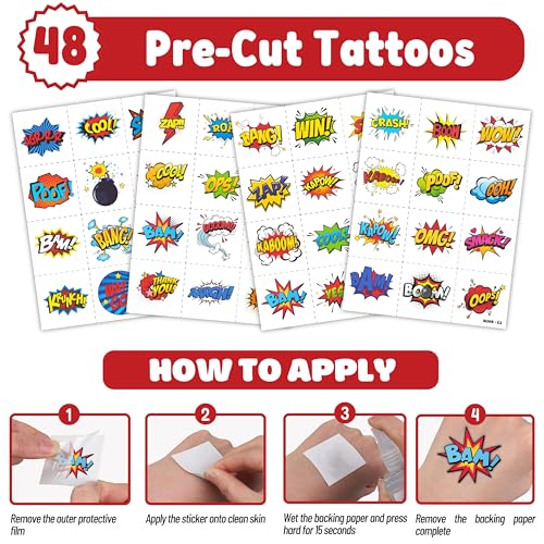 72PCS Hero Party Set - 48PCS Temporary Tattoos & 24PCS Slap Bracelets - Themed Pow Birthday Supplies, Baby Shower Gifts, Classroom Rewards & Party Decor for Kids
