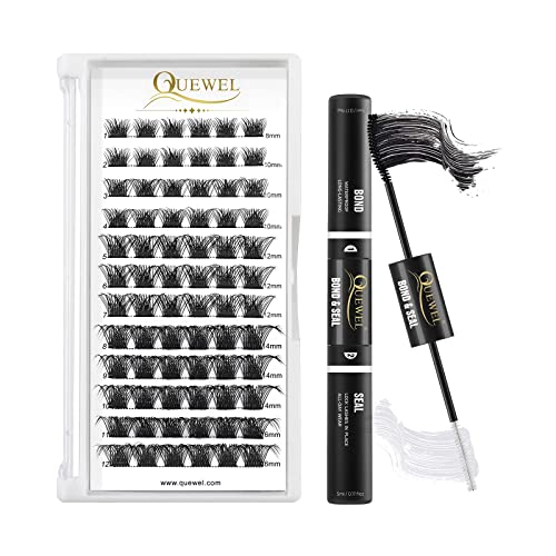 QUEWEL Cluster Lashes 72 Pcs Wide Stem Individual Lashes C/D Curl 8-16mm Length + Lash Bond And Seal, Lash Cluster Glue For DIY Eyelash Extensions