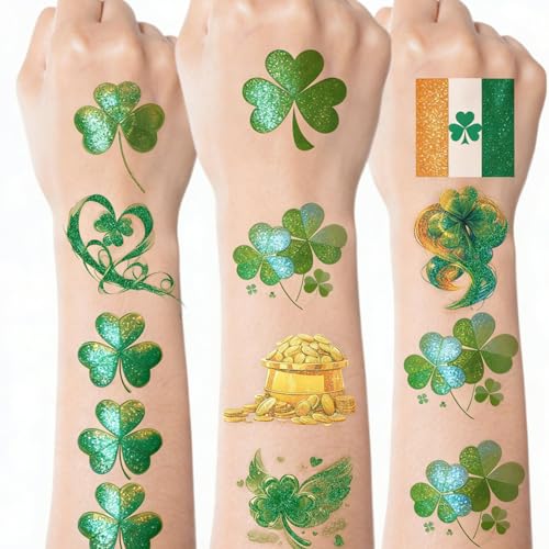 24 Sheets St. Patrick's Day Glitter Shamrock Temporary Tattoos, St Patricks Day Decorations Favors Supplies Waterproof Saint Patrick's Day Accessories Clover Tattoos Irish Party Leprechaun