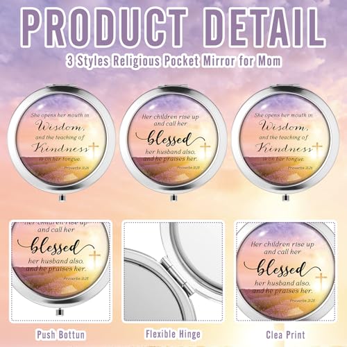 12 Sets Mother's Day Church Gifts Bulk Christian Compact Makeup Mirror Bible Verse Round Pocket Mirror with Gift Cards Organza Bags for Women (3 Style)