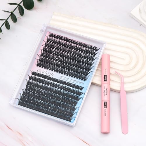 DIY Lash Extension Kit Volume Lash Clusters 60D+80D D Curl Individual 280 pcs Lashes Lash Clusters Kit Thick Eyelash Extension Kit Lash Bond Seal Lash Tweezers (60D&80D, Lash Kit)