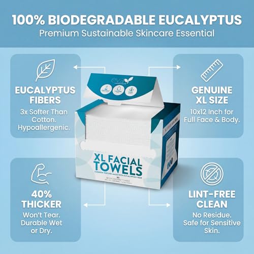 Disposable Face Towels XL 10x12-100% Viscose Eucalyptus Biodegradable Clean Facial Towels, 50 count - Ultra Soft & Lint-Free Towelettes for Acne-Prone & Sensitive Skin, Makeup Remover Dry Wipes