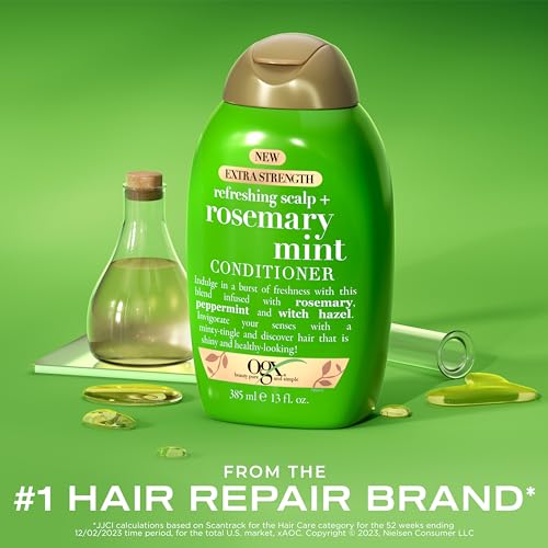 OGX Bundle: Extra Strength Refreshing Scalp + Rosemary Mint Shampoo & Conditioner, 13 fl. oz each. Clarifies by removing oil & buildup. Infused with rosemary mint for shine. Sulfate-free surfactants.