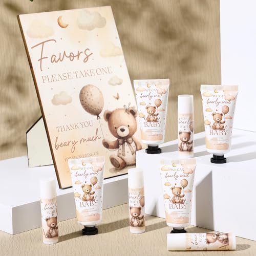 30 Set Gender Reveal Gifts for Guests 30 Pcs Bear Baby Shower Hand Cream and 30 Pcs Lip Balm with 1 Wooden Stand for Guests Baby Shower Prizes Party Favors Gender Reveal Souvenirs