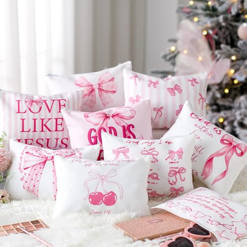 Reginary 9 Pcs Christian Bow Makeup Bags for Women Pink Coquette Bow Bible Verse Toiletry Cosmetic Bag for Inspirational Christian Gifts Religious Faith Based Favors