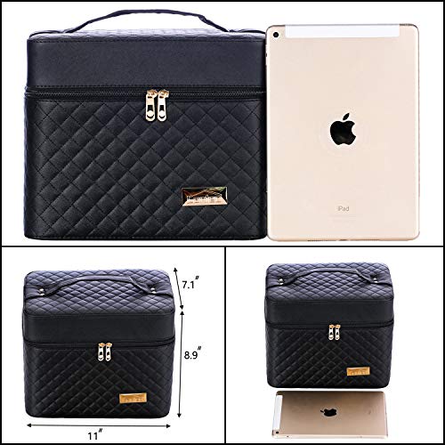 Sooyee Makeup Bag Cosmetic Bags with Mirror, Makeup Organizer 4 Layer Foldable Tray Open to The Sides,Makeup Travel Bag for Women,Makeup Box Train Case,Black