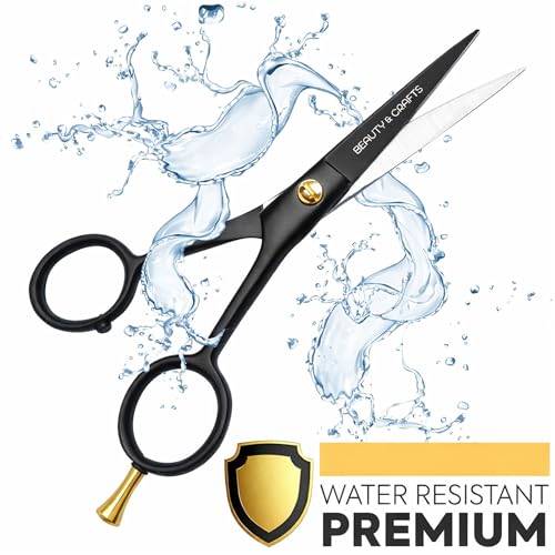 Beauty & Crafts- 5'' German Beard Mustache Scissors - 2 Mustache Comb for Facial Hair with Beautiful Pouch - Beard Trimming Scissors Use for Grooming, Cutting, and Styling of Mustache (Black)