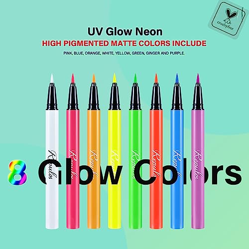 8 Colors Neon Liquid Eyeliner Set, Rainbow UV Glow Neon Makeup Graphic Eyeliners, High Pigmented, Waterproof Smudge-Proof and Long-Lasting Matte Colored Eye Makeup Gift Kit