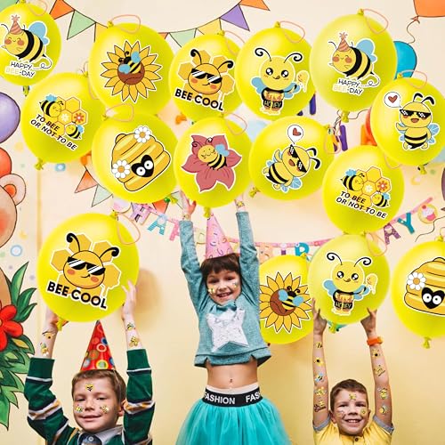 72 PCS Bee Party Favors ? 48 Pre-Cut Temporary Tattoos & 24 Bee Punch Balloons Themed Birthday Party Decorations Supplies Favors Gifts Goodie Bag Fillers Classroom Rewards for Boys Girls
