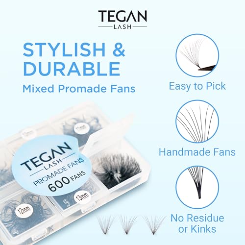 TEGAN LASH Promade Fan Mix Eyelash Extensions, From 3D - 16D, 0.03/0.05/0.07, C/CC/D, 9-15mm, Pre Made Eyelash, Easy Apply Premade False Eyelashes, Pesta?as Abanicos Extensiones (3D, 0,07, CC, Mix)