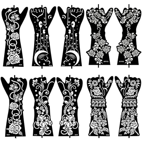 10 Sheets Henna Tattoo Stencil Kit - Temporary Tattoo Stencils for Hands and Forearm, Indian Inspired Designs - Self-Adhesive Tattoo Stickers