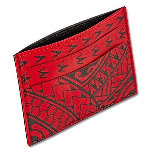 Polynesian Tattoo Leather Credit Card Holder Super Slim Wallet "Hiku" with Tribal Tattoo art by Eugene Ta¡¯ase (Red) from NAKOA