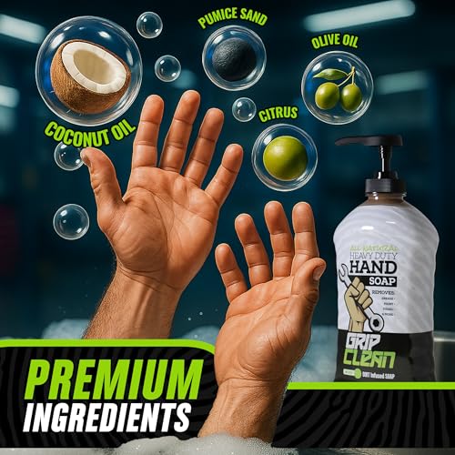 Grip Clean Heavy-Duty Hand Cleaner for Mechanics with Nail Brush - Moisturizing Coconut Oil Hand Cleaner Liquid Hand Soap with Stiff Bristle Nail Brush, Lime Scent ? 8 Fl Oz Squeeze Bottle + Brush