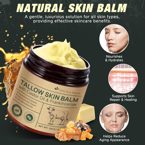 Handmade Tallow, Organic Castor Oil, and Frankincense Oil Face Balm, 100% Grass-Fed Tallow for Skin Care, Face & Body Moisturizer for Sensitive Skin & Dry Skin Age Defying, Natural Lotion