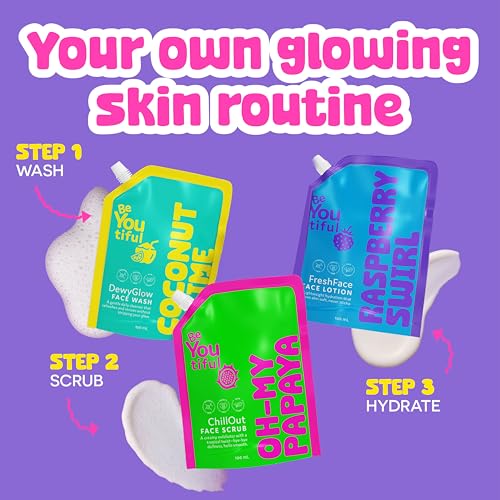 BeYoutiful 3 Step Teen Skin Care Kit, Easter Gifts for Kids, Face Wash Scrub Moisturizer Lotion, Skincare Gift Set for Tweens Kids in Trendy Pouches, Vegan, Easter Basket Stuffers