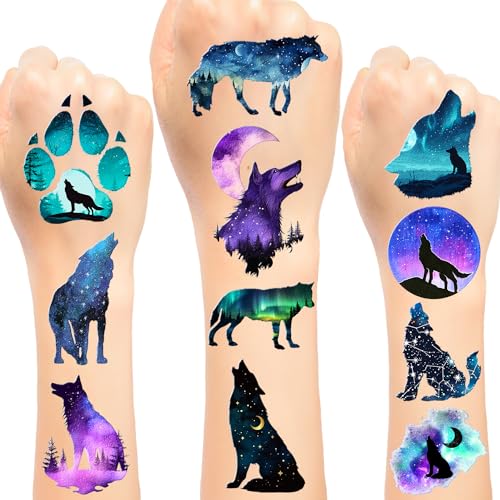 Galaxy Wolf Temporary Tattoo Sticker - 20 Sheet Wolf Themed Tattoos for Men, Women & Kids - Party Decoration Supplies & Favors