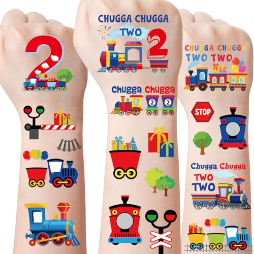 Chugga Train Temporary Tattoos for Kids - 300+ Pcs Chugga Chugga Two Two Party Decorations Train 2nd Birthday Party Favors Supplies for Boys Girls Choo Choo I'm 2 Tattoo Stickers Prizes