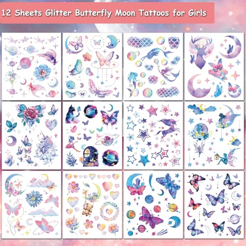Glitter Tattoos for Girls Women, 12 Sheets Glitter Butterfly Moon Flowers Mermaid Temporary Tattoos for Girls Birthday Party Supplies Gifts Decoration