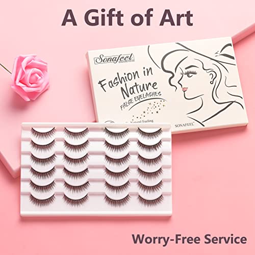 SONAFEEL False Lashes Natural Look Eye Lashes Pack Short Natural Eyelashes Wispy Strip Lashes Small Crisscross Daily Fake Eyelashes Reusable Faux 3d Mink Lashes Pesta?as Postizas Naturales