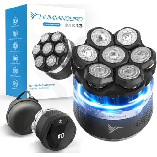 HUMMINGBIRD MK13 Premium Head Shaver, 7 Blade Electric Razors for Men, Cordless USB-C Rechargeable Wet & Dry Electric Head Shavers for Bald Men, Waterproof Skull Shaver, LED Display, Travel Case