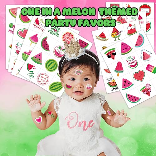 Melon Pre-Cut Temporary Tattoos 8 Sheets 96PCS Watermelon One First Party Decorations Supplies Favors First Summer Theme Birthday Stickers Christmas Gifts for Boys Girls Class School Prizes Carnival