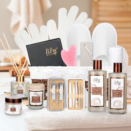 Mothers Day Gifts for Women - Luxurious 28Piece Coconut Vanilla Spa Gift Set Body Care Collection, Bath & Body Basket Gift Set for Valentines Day, Birthday, Christmas Gifts Self Care Gift