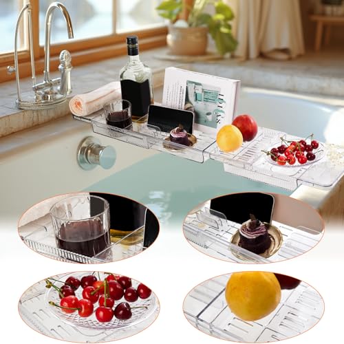 Expandable Bathtub Tray for Tub, Clear Acrylic Bath Caddy with Anti-Slip Design, Waterproof Bathroom Storage, Bath Organizer for Women, Fits Most Tubs up to 31.7" Ideal for Women and Adults