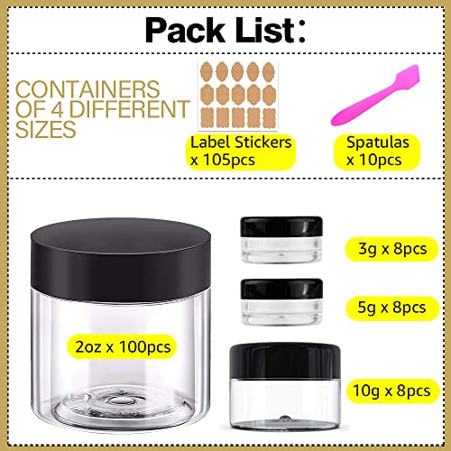 2 oz Plastic Containers with Lids 100pcs Plastic Jars with Lids + 3/5/10 Gram 24pcs Sample Containers Travel Jar? Great for Lip Scrub, Body Butters, Cream, Lotion, Labels & Spatulas (124 Pack)