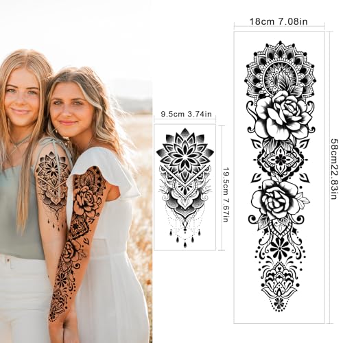 48 Sheets Mandala Flower Bohemia Full Arm Sleeve Temporary Tattoos for Women Girls, Skull Owl Black Fake Tattoos Neck Chest Arm Stickers Waterproof