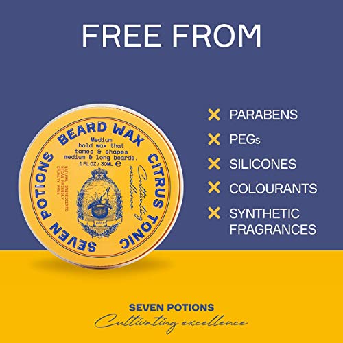 SEVEN POTIONS Beard Wax for Men ? Medium Hold Styling Wax to Shape And Nourish Your Beard ? All-Natural, Vegan, Cruelty Free ? Citrus Tonic (1 FL OZ)