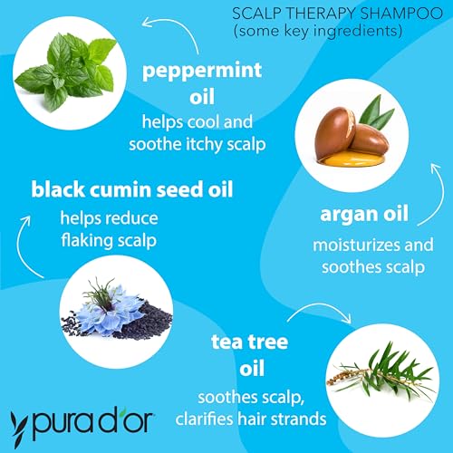 PURA D'OR Scalp Therapy Shampoo - Hydrates & Nourishes Scalp - Scalp Care Shampoo For Itchy Flaky Scalp w/ Tea Tree, Peppermint, Patchouli, Cedarwood, Clary Sage, Argan Oil 16oz (Packaging may vary) (00602)