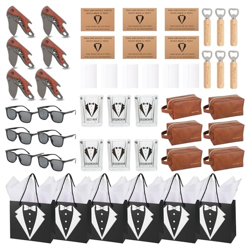 54Pcs Groomsmen Gifts Set of 6, Proposal Gift Box with Toiletry Bags, Whiskey Glasses, Sunglasses, Wood Handle Pocket Knives, Bottle Openers, Cards, Envelopes and Tuxedo Gift Bags (6 Set)