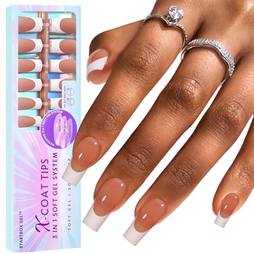 btartboxnails X-coat Tips - Solid Nail Gel Glue, Long Square French Tip Press on Nails with Solid Nail Gel Glue