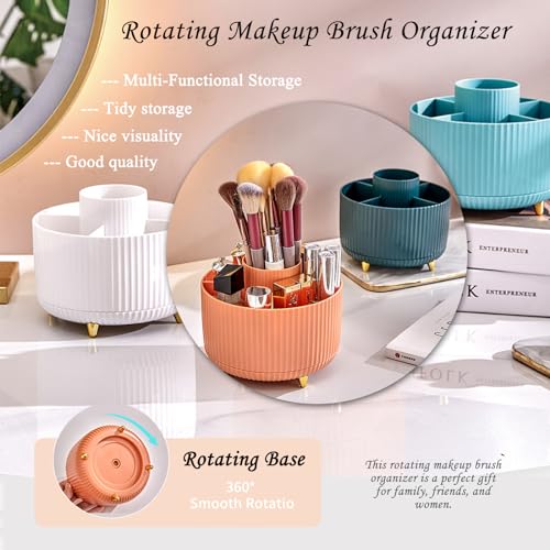 360 Rotating Makeup Brush Holder, Makeup Desk Organizer with 5 Slots Cosmetic Brushes Storage,Makeup Organizer for Vanity, Bedroom Decor, Bathroom Organizer (Blue)