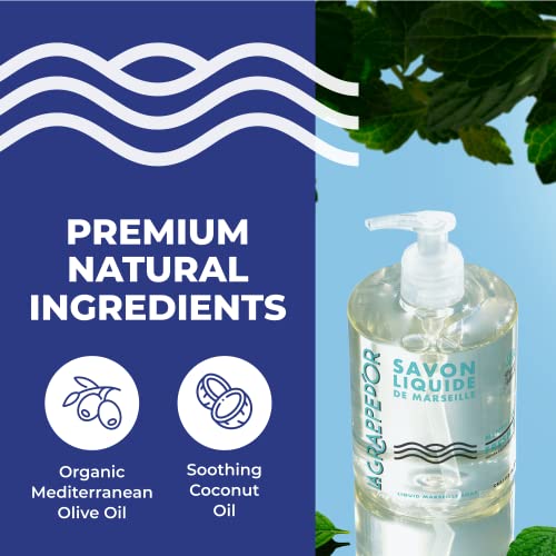 La Grappe d'Or Fresh Mint Marseille Hand Soap with Essential Oils | Handmade in France from Moisturizing Organic Olive & Coconut Oil | Natural, Cruelty-Free & Vegan, 16.90 oz Liquid