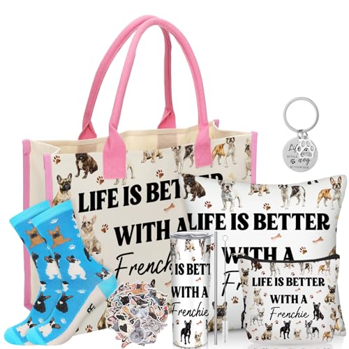 Patelai 56 Pcs Valentine Frenchie Gifts for Women Frenchie Dog Lover Gifts 20oz Stainless Tumbler Tote Bag Cosmetic Bag Sock Pillow Cover Keychain 50 Sticker for Dog Mom Birthday Party Favor