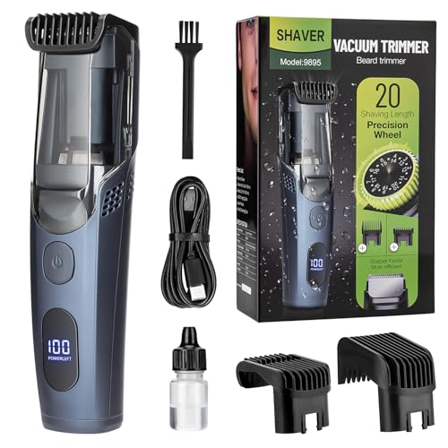 Vacuum Beard Trimmer for Men with 20 Length and Styles Adjustable, Built-in Vacuum Trimmer for Mustache, Sideburns, Facial Hair, Rechargeable Mustache Trimmer