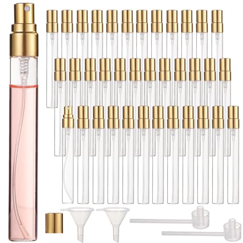 50 Pcs 10 ml Perfume Bottles - Refillable Glass Mini Spray Bottles, Portable Travel Sample Containers, Fine Mist Atomizers with Caps, Includes 2 Funnels and 2 Dispensers, Ideal for Liquids, Gold