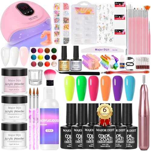 Major Dijit Acrylic Nail Kit with Drill and UV LED Lamp - Starter Set with White Pink Clear Acrylic Powder, 6 Macaron Gel Polishes, Nail Decorations and Manicure Tools